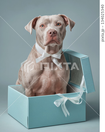 Pit bull sits in a blue gift box. The dog wears a white bow tie. 134025340