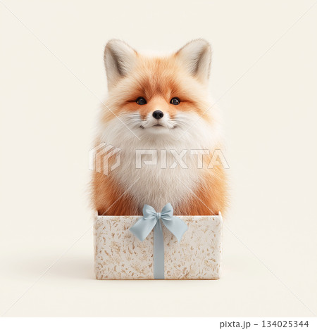 Red panda sits in a gift box. A pale blue ribbon decorates the present. Red panda sits in a gift box. A pale blue ribbon decorates the present. 134025344