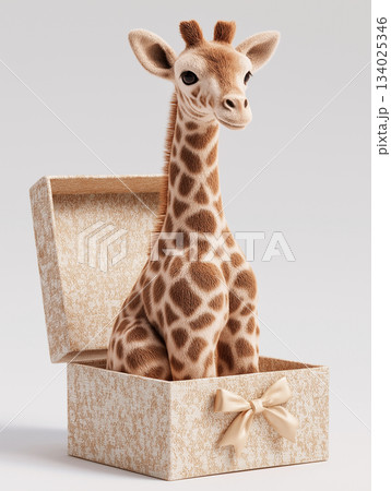 Giraffe calf sits in a gift box. Beige gift box with a satin bow adds a playful holiday mood. Giraffe calf sits in a gift box. Beige gift box with a satin bow adds a playful holiday mood. 134025346