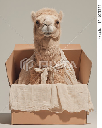 Camel sits in a cardboard box in a studio. Beige scarf wraps the neck for a minimalist look. 134025351