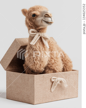Camel sits in a textured box in a studio. A cream rope bow decorates its neck. 134025352