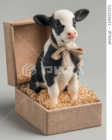 Holstein calf sits in a beige gift box. A twine bow adds charm to the cute setup. 134025355