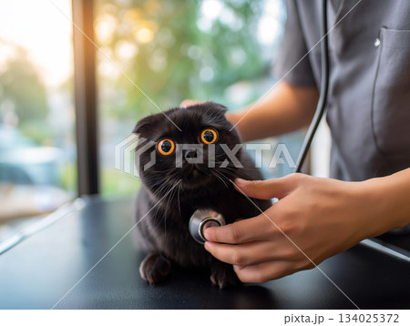 Black cat being examined in a veterinary clinic. The veterinarian listens to the heart with a stethoscope. 134025372
