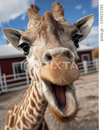 Giraffe leans in at a farmyard. Open mouth curious eyes create a playful close-up. 134025393