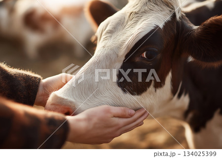 Close up of a cow with white and brown patches as hands touch its muzzle in a farm yard. Warm golden hour light enhances the calm mood. 134025399
