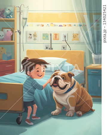 Girl pets bulldog in hospital room. A cheerful moment of friendship. Girl pets bulldog in hospital room. A cheerful moment of friendship. 134025421