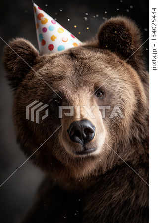 Bear wearing a party hat stands against a dark background. Confetti floats as a birthday celebration unfolds. Bear wearing a party hat stands against a dark background. Confetti floats as a birthday celebration unfolds. 134025434