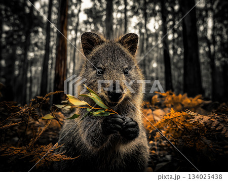 Wallaby holds a sprig of leaves in a forest. Autumn colors and moody lighting create a calm, curious mood. 134025438