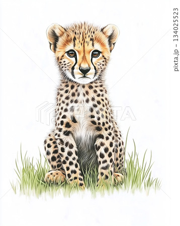 Cheetah cub in grass showcasing spots, nature, and wildlife beauty in a serene setting. 134025523