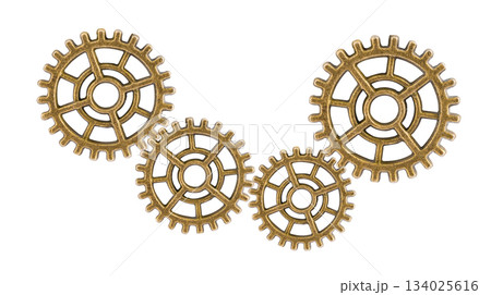 Gear and cogs wheels isolated on a white background, clock mechanism, brass metal engine industrial. Gear and cogs wheels isolated on a white background, clock mechanism, brass metal engine industrial. 134025616