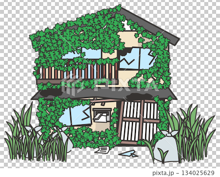 Illustration of an abandoned house in dilapidated condition 134025629