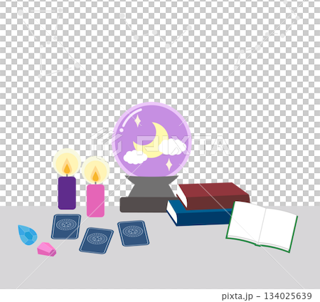 Fortune-telling illustration material (crystal ball, candle, tarot cards, book, constellation background) Fortune-telling illustration material (crystal ball, candle, tarot cards, book, constellation background) 134025639