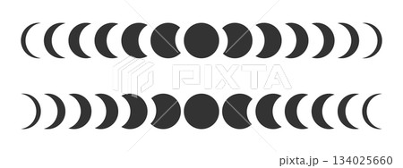 Set of moon phases. Infographic of Lunar calendar cycle. New, quarter, crescent and full Luna sphere silhouettes isolated on white background. Astrology or mystic sings. Vector graphic illustration 134025660
