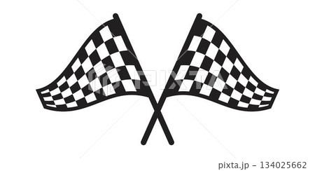 Crossed winding race flags with chequered black and white print. Start or finish symbols on sport car competitions. Rally, karting or motocross props. Victory symbol. Vector graphic illustration 134025662