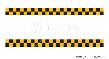 Horizontal top and bottom borders with checkered black and yellow print and space for text. Police or taxi car background. Repeated squares pattern. Vector flat illustration Horizontal top and bottom borders with checkered black and yellow print and space for text. Police or taxi car background. Repeated squares pattern. Vector flat illustration 134025665