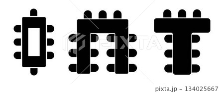 Seats arrangement on banquet or wedding event in restaurant or cafe. Business office or cabinet seating interior floor plan. Top view. Schematic tables and chairs silhouettes set. Vector illustration Seats arrangement on banquet or wedding event in restaurant or cafe. Business office or cabinet seating interior floor plan. Top view. Schematic tables and chairs silhouettes set. Vector illustration 134025667