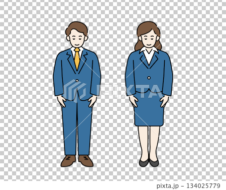 Full-body illustration of a man and woman in a suit bowing Full-body illustration of a man and woman in a suit bowing 134025779
