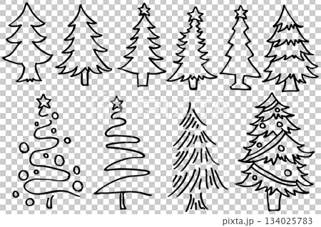 手描きクリスマスツリー線画｜シンプルで使いやすいモノクロイラスト素材 134025783