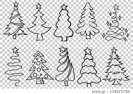 手描きクリスマスツリー線画｜シンプルで使いやすいモノクロイラスト素材 134025784