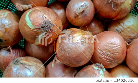 Abundant Fresh Brown and Yellow Onions Full Frame Background 134026316