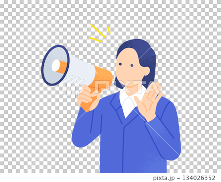 一位身穿工作服的女士手持擴音器，正在指揮交通。向量圖素材 134026352