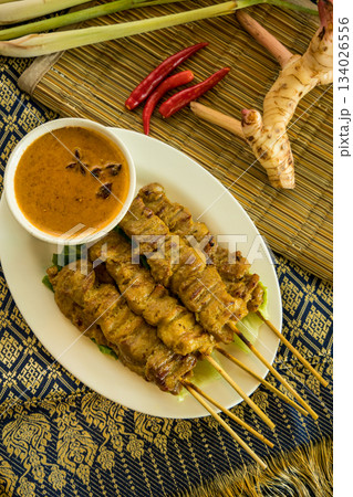 pork satay with curry sauce pork satay with curry sauce 134026556