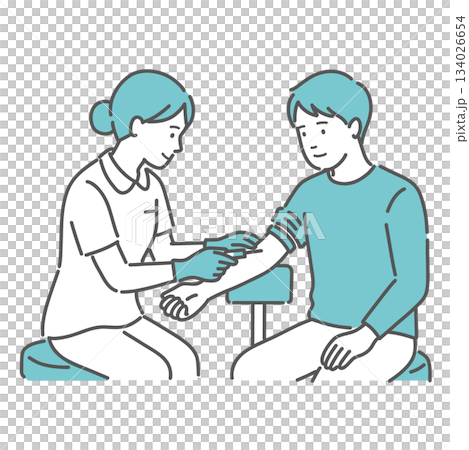 護士為一名男子抽血（手臂穿刺）的插圖 134026654