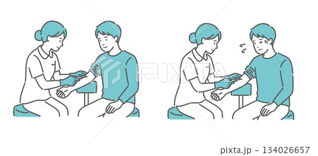 採血に臨む男性患者の比較イラスト（普通 vs 緊張・恐怖） 134026657
