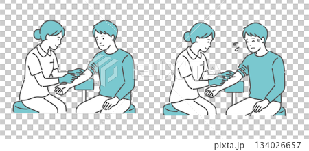 採血に臨む男性患者の比較イラスト（普通 vs 緊張・恐怖） 134026657