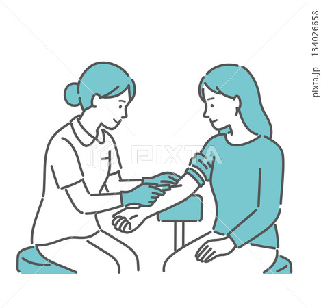看護師による女性の採血イラスト(腕・健康診断) 看護師による女性の採血イラスト(腕・健康診断) 134026658