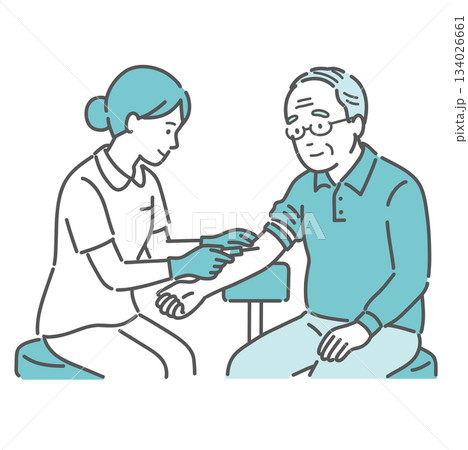 看護師による高齢男性の採血イラスト（腕・健康診断） 134026661