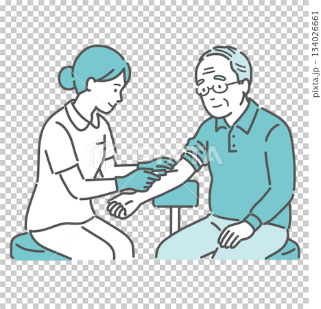 看護師による高齢男性の採血イラスト（腕・健康診断） 134026661