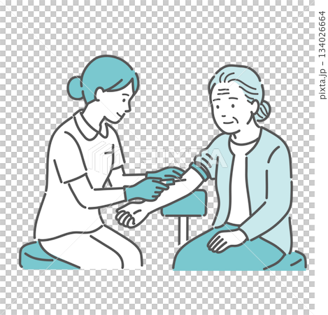 Illustration of a nurse taking blood from an elderly woman (arm/checkup) 134026664