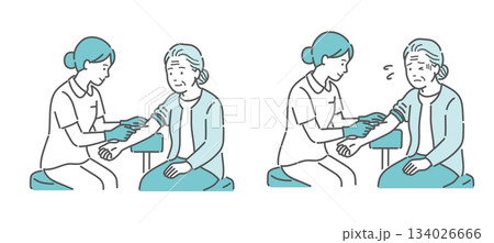 採血に臨む高齢女性患者の比較イラスト(平常心 vs 緊張・不安) 採血に臨む高齢女性患者の比較イラスト(平常心 vs 緊張・不安) 134026666