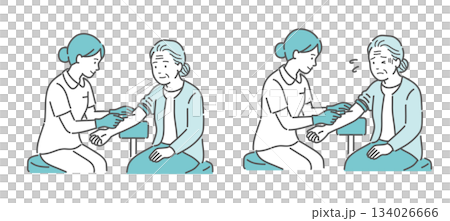 採血に臨む高齢女性患者の比較イラスト(平常心 vs 緊張・不安) 採血に臨む高齢女性患者の比較イラスト(平常心 vs 緊張・不安) 134026666