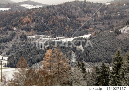 View over the valley with snow covered forest View over the valley with snow covered forest 134027187