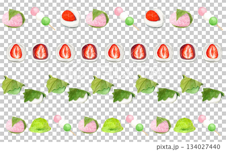 Set of four spring Japanese sweets decorative lines: Sakura mochi, Uguisu mochi, Ichigo daifuku, Kashiwa mochi, and three-colored dumplings. Watercolor hand-painted material. 134027440