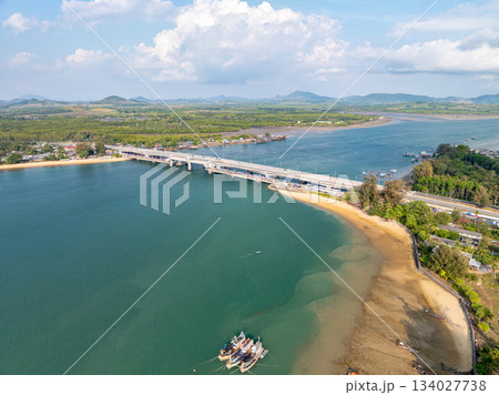 Aerial view of Sarasin bridge road transportation background concept The bridge is a between Phang Nga and Phuket island Thailand The bridge is the most important in making business and transportation 134027738