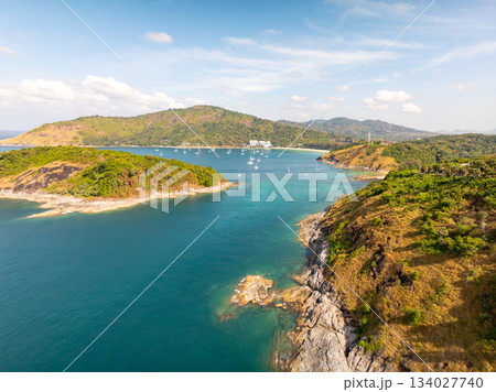Top view seashore waves nature background,Amazing waves crashing on rocks seascape view 134027740