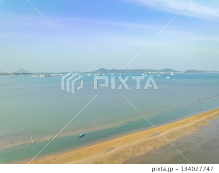 Aerial top view beach sea waves surface nature background Aerial top view beach sea waves surface nature background 134027747