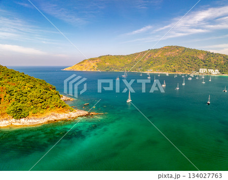 Top view seashore waves nature background,Amazing waves crashing on rocks seascape view 134027763