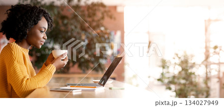 Side view of black lady enjoying morning coffee and checking emails on laptop, cafe interior, empty space Side view of black lady enjoying morning coffee and checking emails on laptop, cafe interior, empty space 134027949
