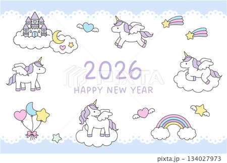2026年午年の年賀状テンプレート。ユニコーン、白馬、かわいい、ベクター 134027973