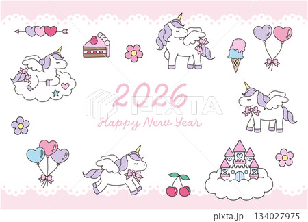 2026年午年の年賀状テンプレート。ユニコーン、白馬、かわいい、ベクター 134027975