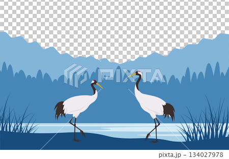 Red-crowned crane in the wetlands_Japanese modern New Year's greeting illustration 134027978