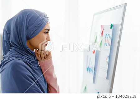 Concerned muslim business lady watching infographics at flip chart in office with pensive face expression, unhappy with company performance, side view 134028219
