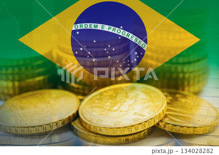 Brazil flag with stock market finance, economy trend graph digital technology. Brazil flag with stock market finance, economy trend graph digital technology. 134028282