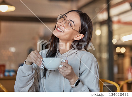 Coffee shop, relax and portrait of woman with smile in restaurant for hot beverage, cappuccino and latte. Happy, cafe and face of girl sitting by table for tea break, relaxation and happiness weekend 134028451