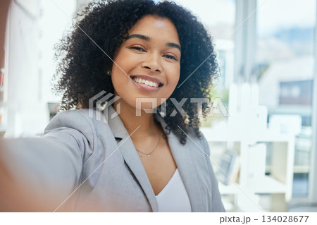 Happy business woman, portrait or selfie in about us, company profile picture or social media introduction. Smile, face or self photography of worker in corporate financial office or friendly picture 134028677