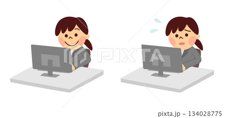 パソコンで仕事をするスーツの女性 表情のセット パソコンで仕事をするスーツの女性 表情のセット 134028775